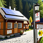 **

A visual representation of a frugal "Kämmerer" (treasurer) in the Black Forest. The scene should depict a charming German village with solar panels on roofs and LED streetlights. Citizens are actively participating in a "Spar-Challenge" (Savings Challenge), submitting ideas for saving money. Include elements like a suggestion box and a community meeting. The overall feel should be warm, collaborative, and resourceful.

**