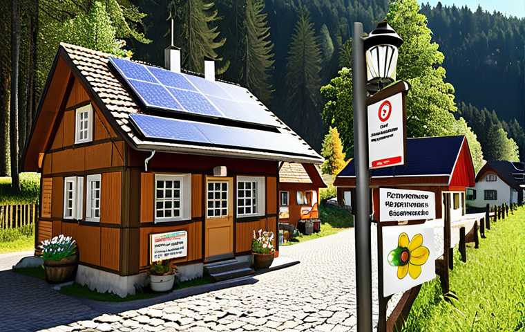 **
A visual representation of a frugal "Kämmerer" (treasurer) in the Black Forest. The scene should depict a charming German village with solar panels on roofs and LED streetlights. Citizens are actively participating in a "Spar-Challenge" (Savings Challenge), submitting ideas for saving money. Include elements like a suggestion box and a community meeting. The overall feel should be warm, collaborative, and resourceful.
**