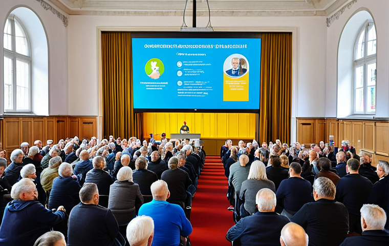 Modern Town Hall Meeting - Crowdfunding Success**
"A bright, modern town hall meeting in a German 'Rathaus' (town hall). Focus on smiling, diverse citizens of all ages celebrating a successful crowdfunding campaign displayed on a large screen - the screen shows a new playground project. Tables with informational brochures. Emphasis on community spirit and citizen involvement. Safe for work, appropriate content, fully clothed, professional, perfect anatomy, natural proportions, high quality."
**
