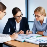 지방재정전문가 시험 기출문제 해설 - A professional German office environment with a diverse group of adult professionals collaboratively...
